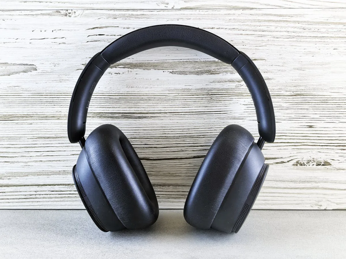 A detailed shot of sleek over-ear headphones, perfect for music lovers and audiophiles.
