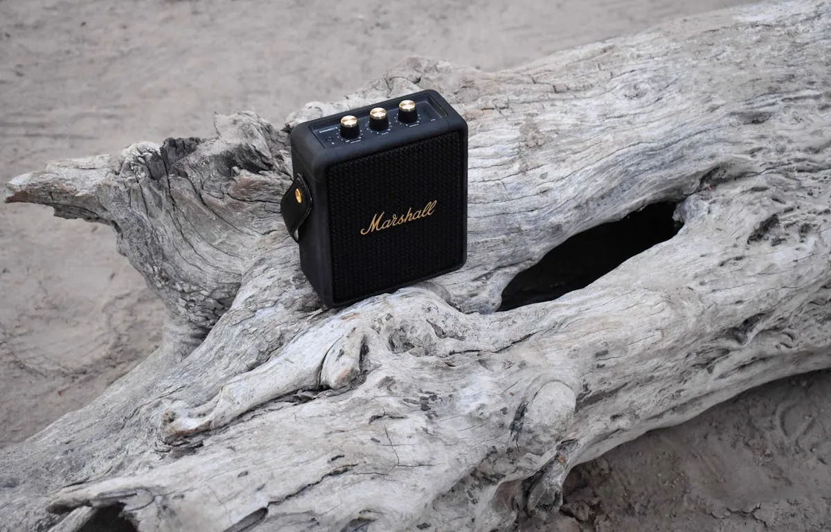 Close-up of a modern wireless speaker on a wooden table, highlighting sleek design.