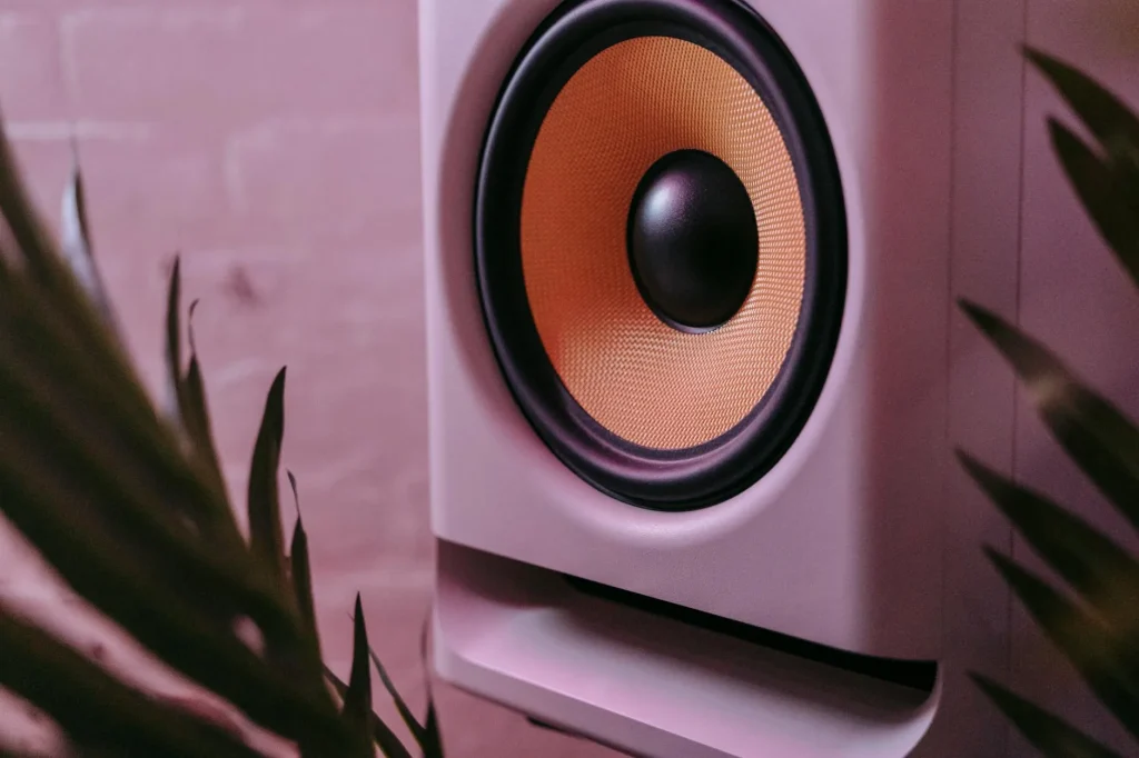 Bookshelf speakers in a home hi-fi audio setup