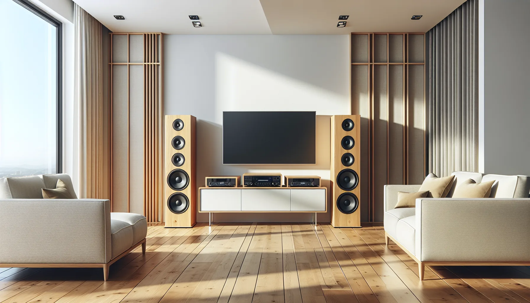 Floorstanding tower speakers in a living room setup