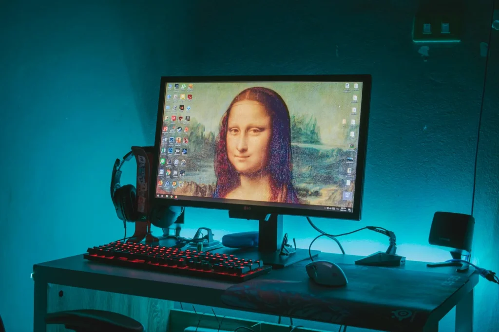 Gaming headset on a desk setup with keyboard and monitor