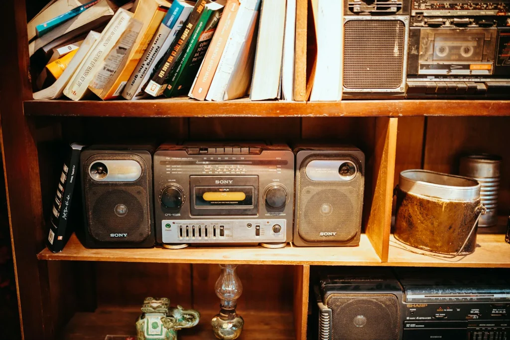 Hi-fi bookshelf speakers set up in a living room