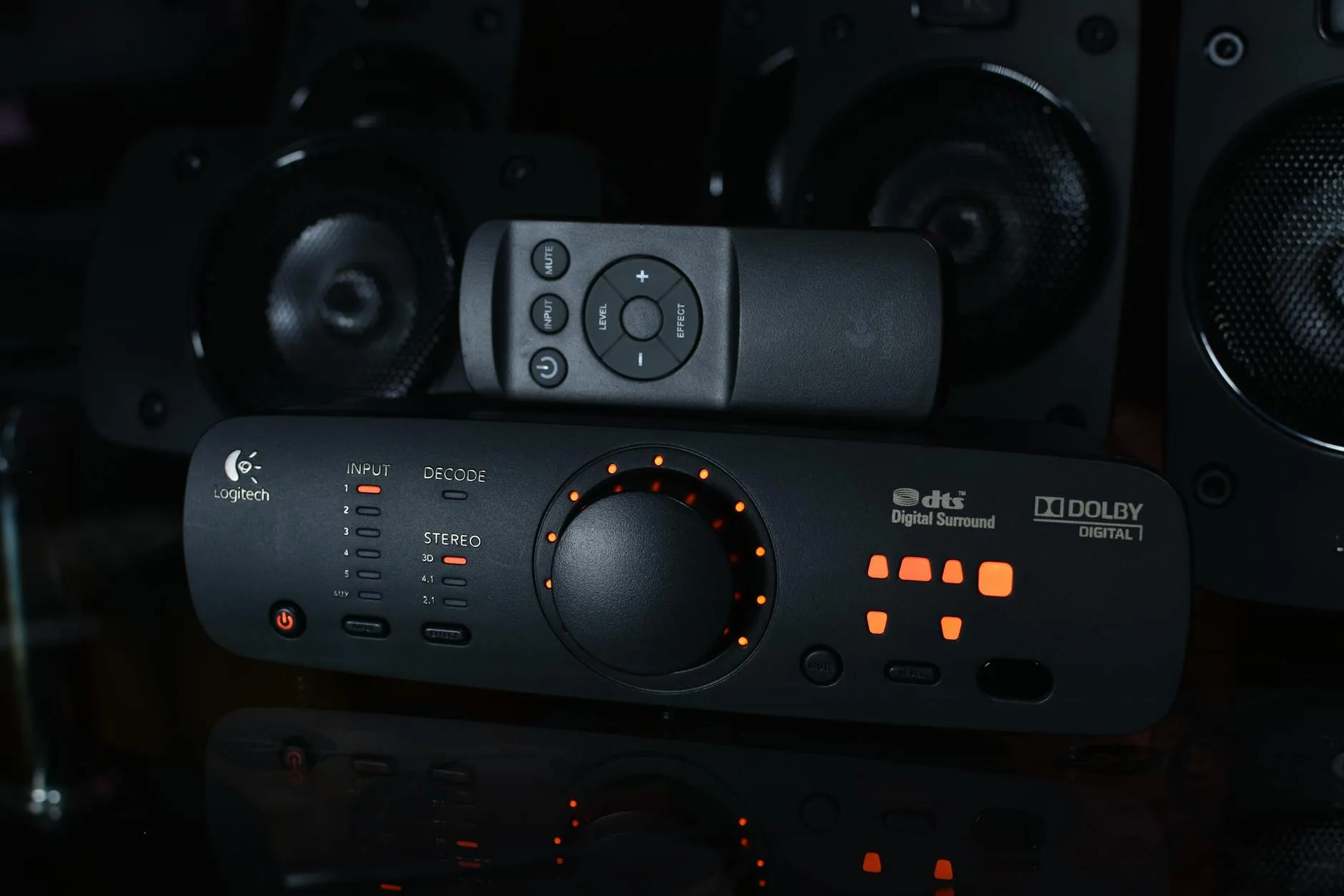 Home cinema surround sound speaker system in a room