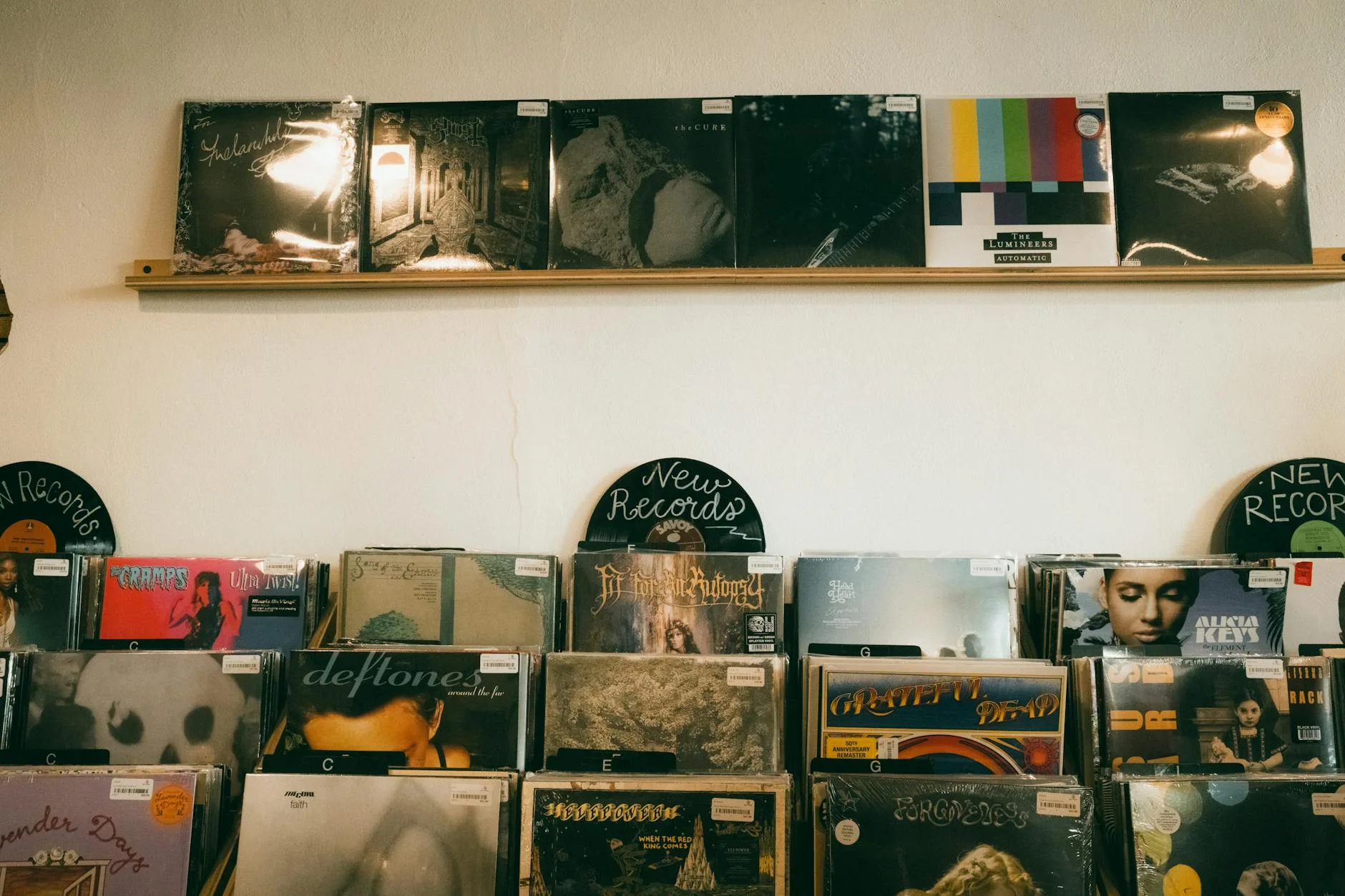 Vinyl record collection stored on a shelf