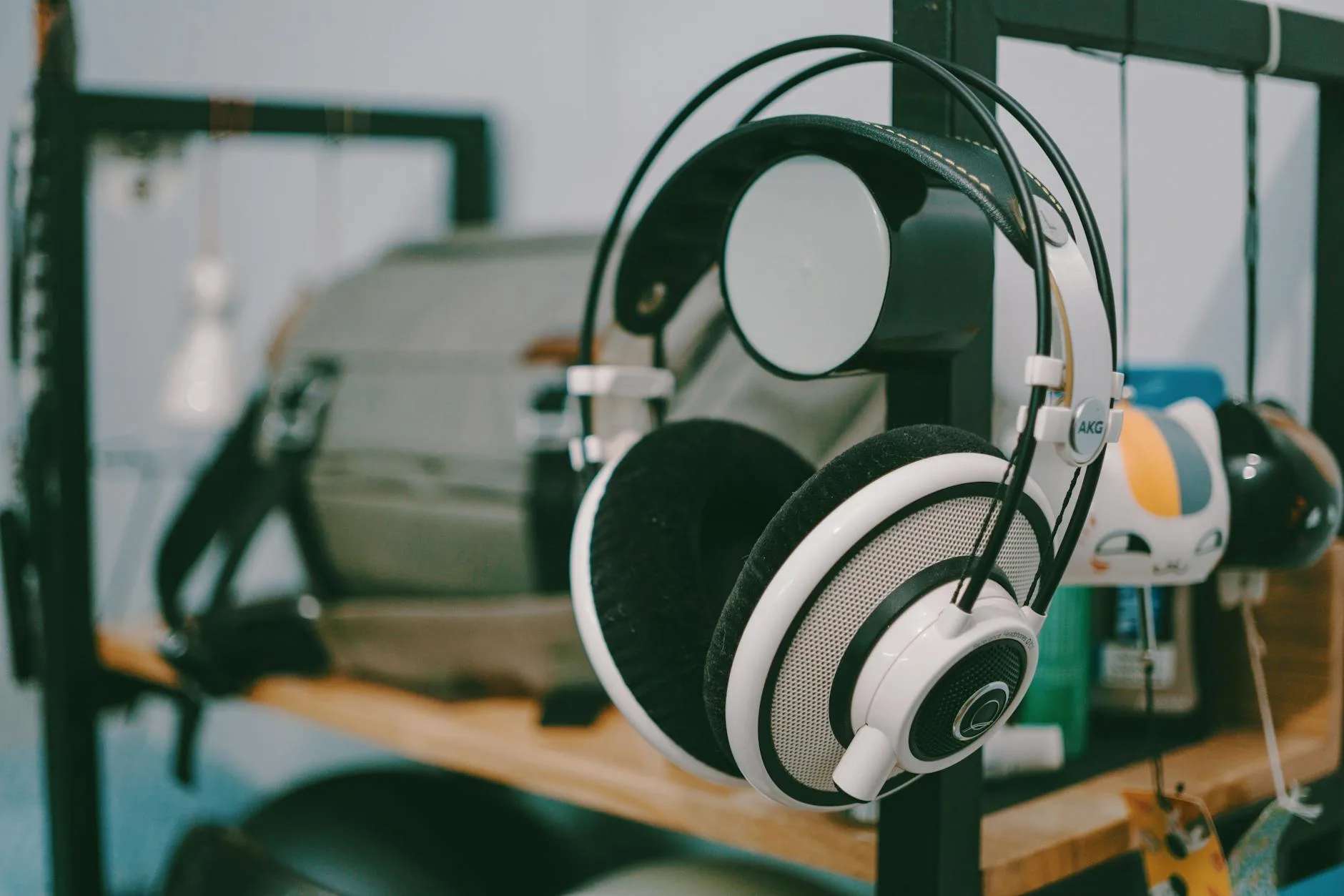 Headphone stand on a desk showing clean desk organisation
