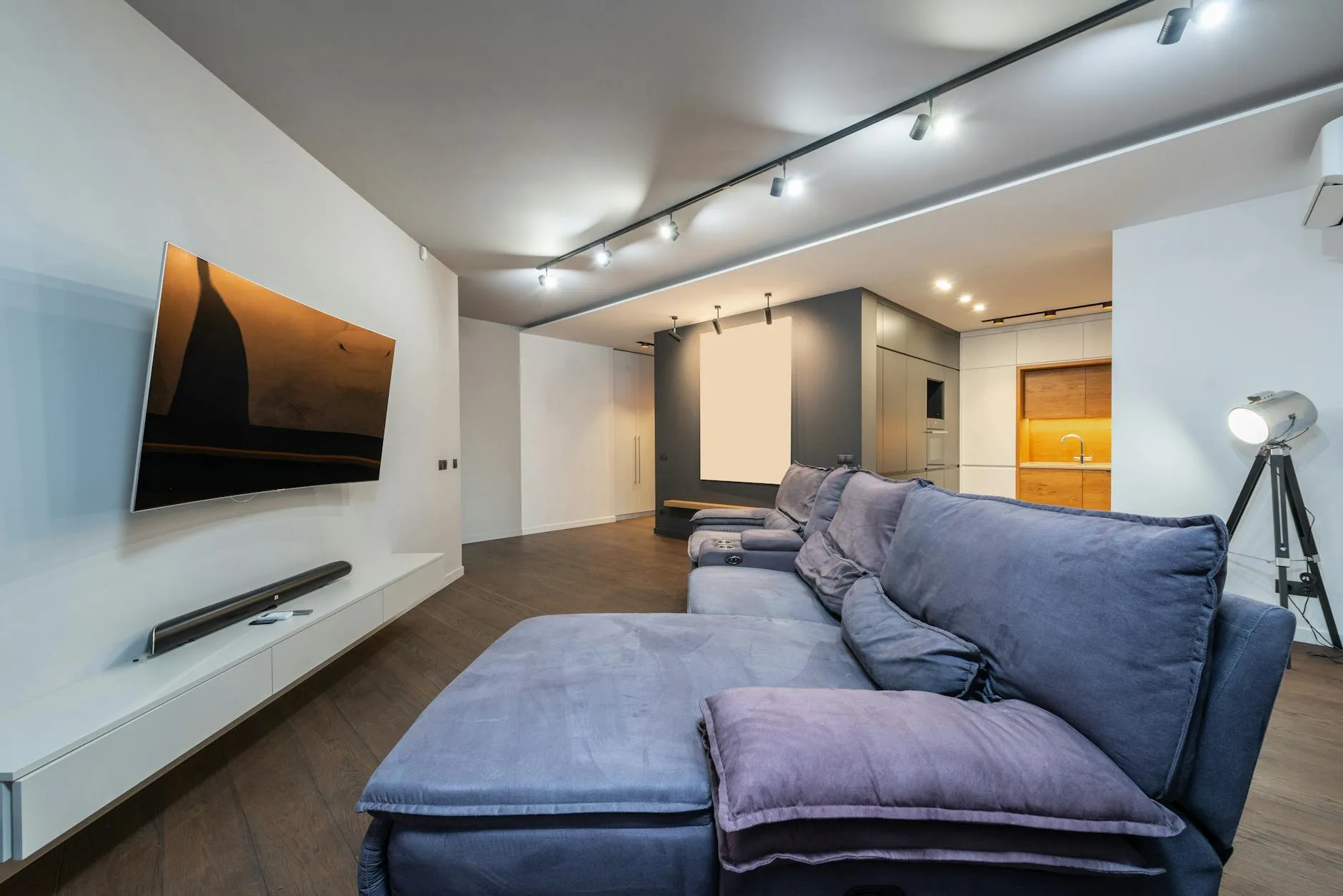 Soundbar under television in modern living room
