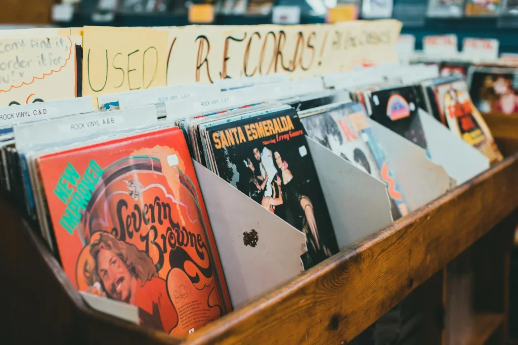 Vinyl record collection stored upright on shelves