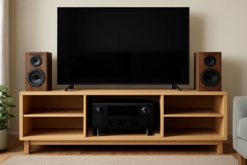 Modern AV receiver in a home cinema cabinet