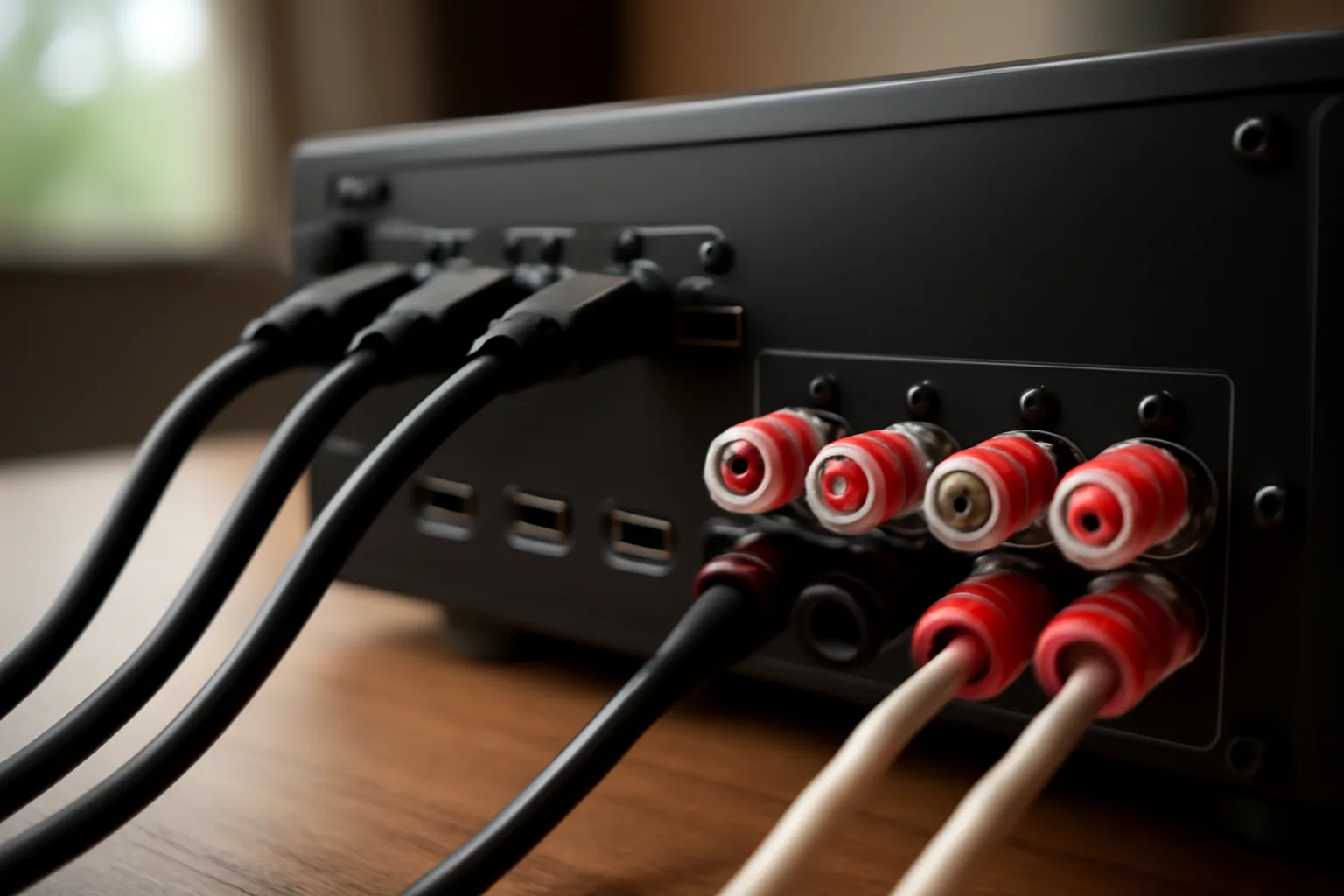 AV receiver rear panel with HDMI and speaker cables