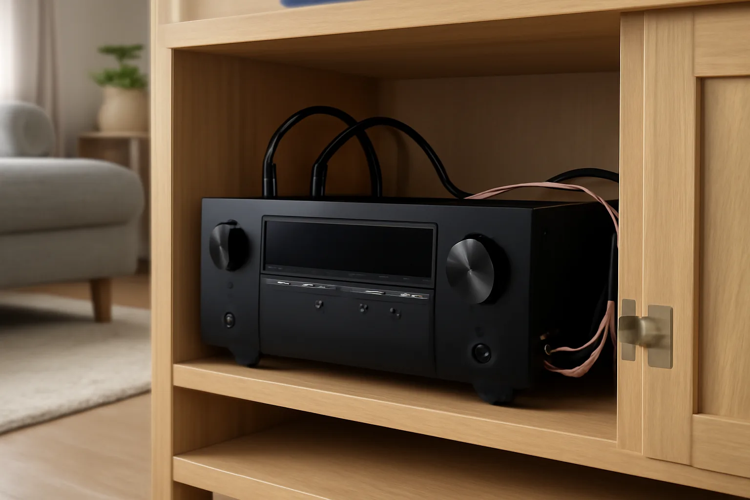 AV receiver with speaker cables in a home cinema setup