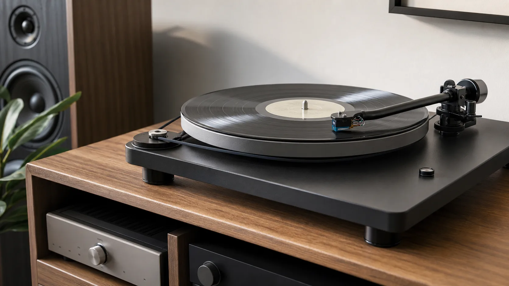 Belt-drive turntable with visible belt in a home hi-fi setup
