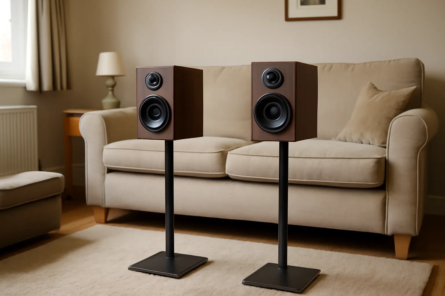 Bookshelf speakers on stands in a living room for budget hi-fi placement