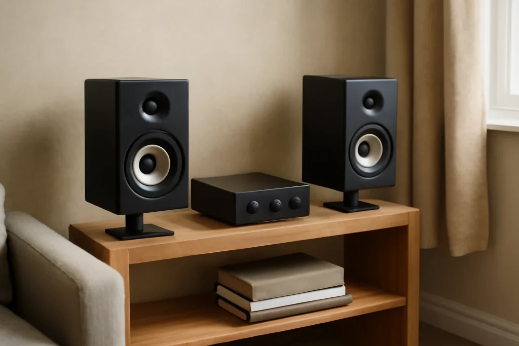 Budget hi-fi system with bookshelf speakers and amplifier in a living room
