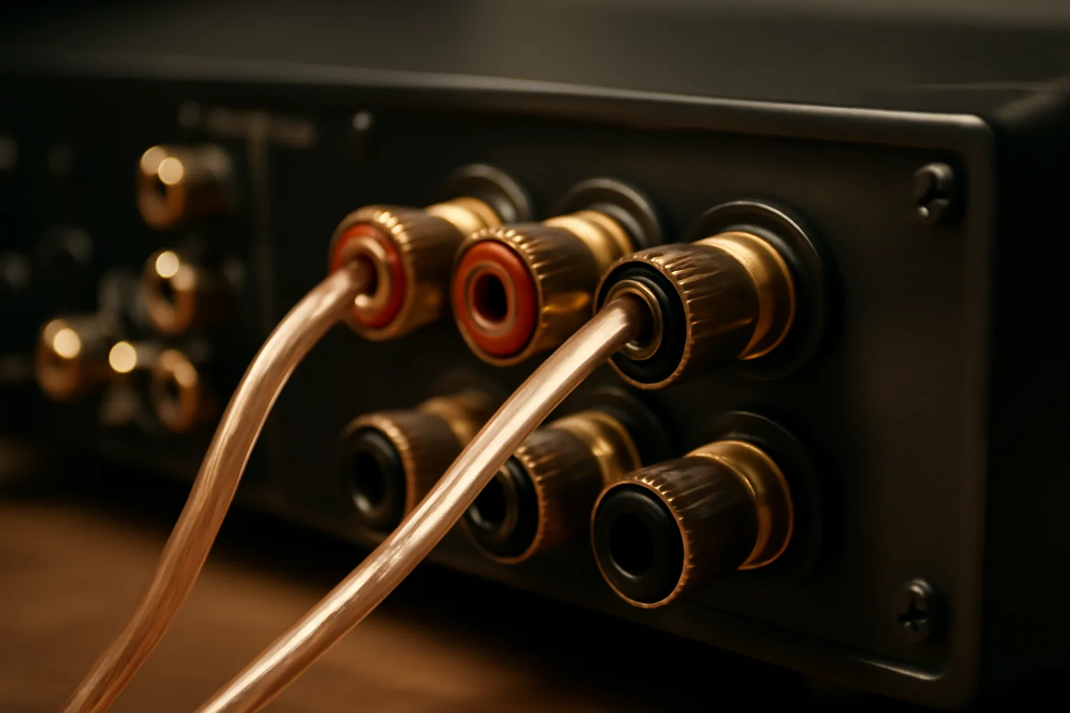 Speaker cables connected to the rear terminals of a hi-fi amplifier