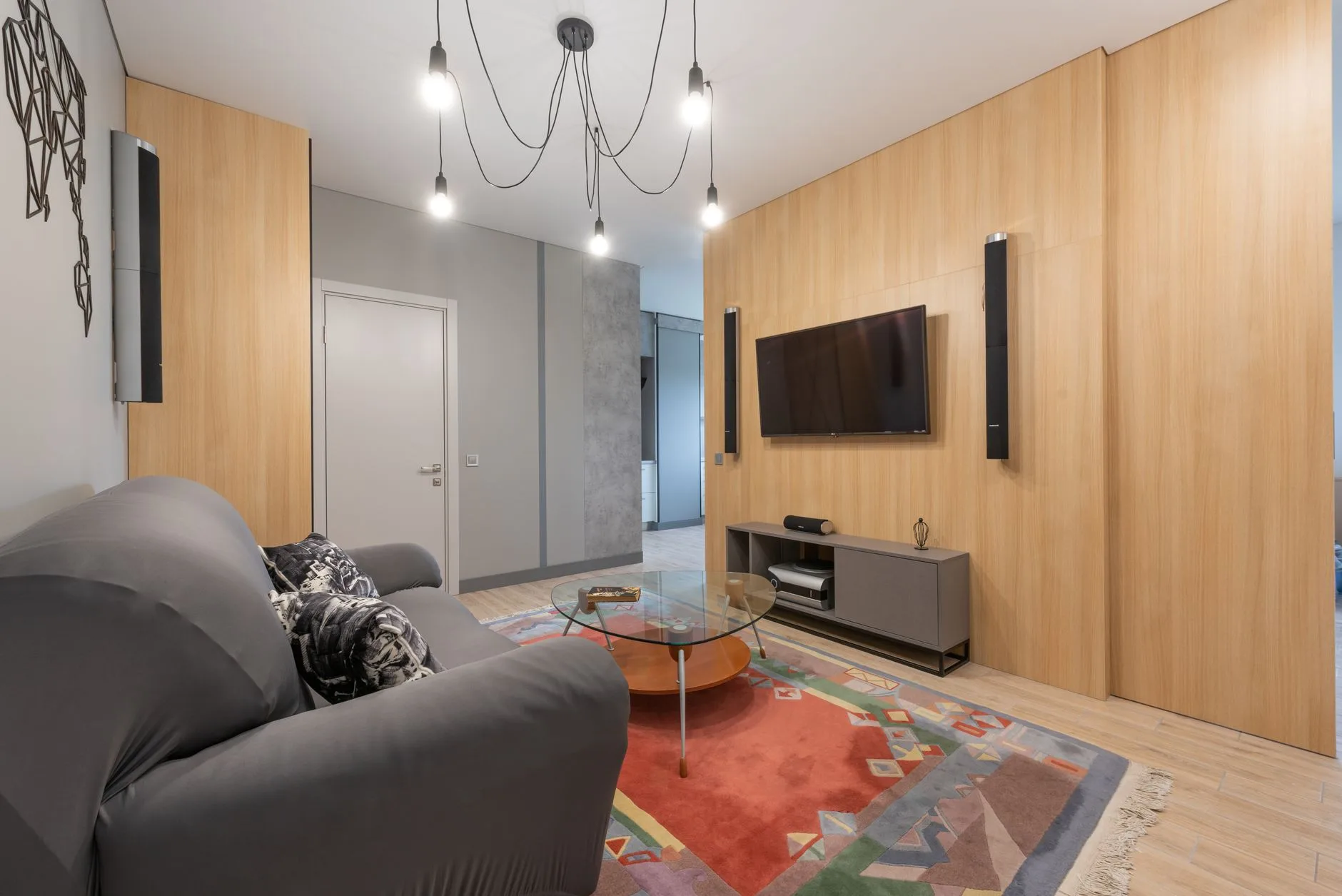 Surround speakers positioned for a home cinema living room