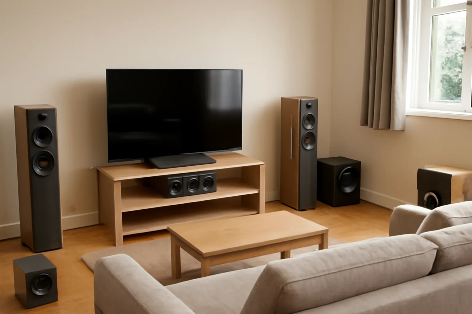 Living room surround speaker layout with TV and subwoofer
