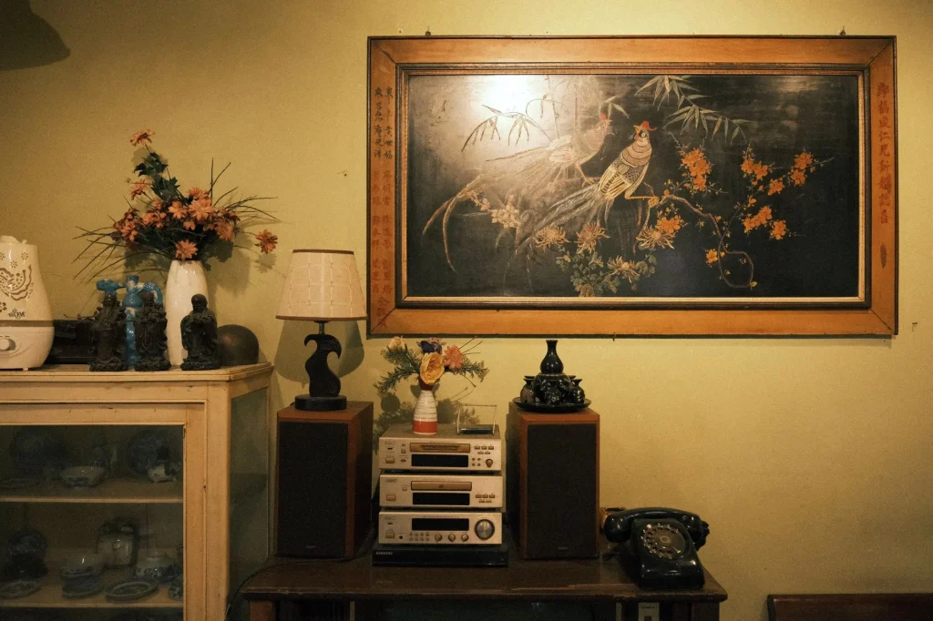 Stereo speakers positioned in a living room setup
