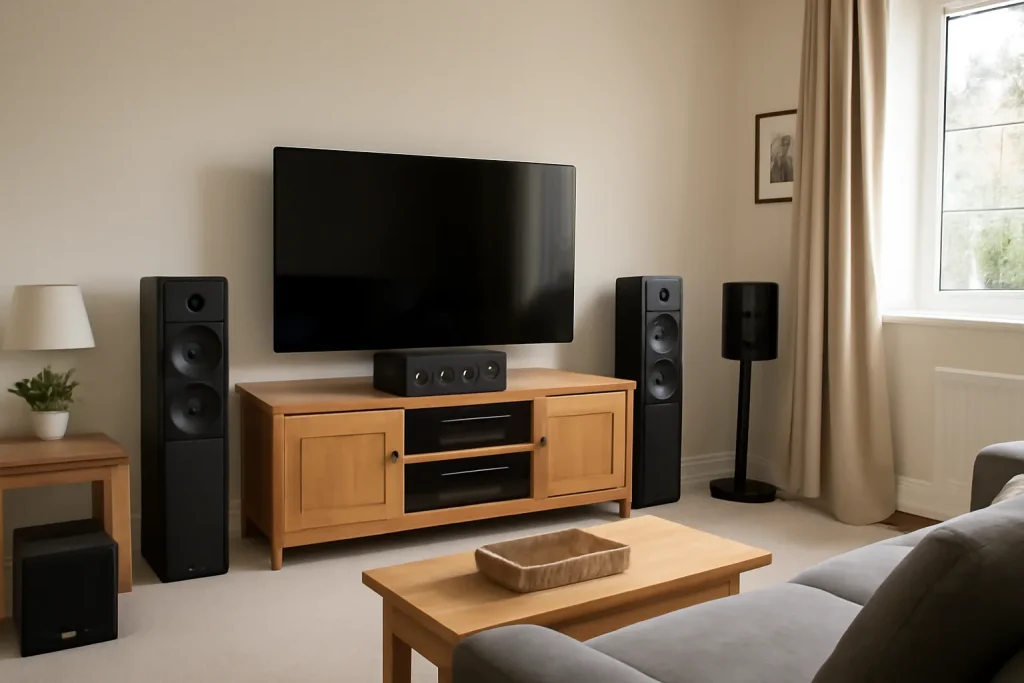 Surround sound speakers arranged in a living room home cinema