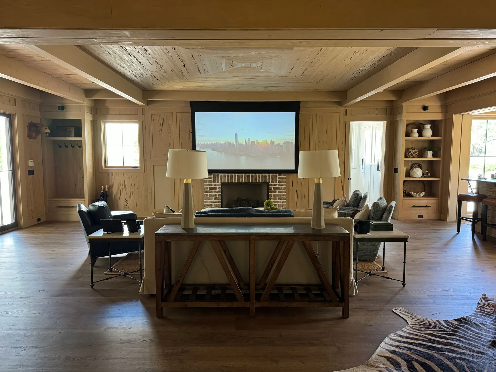 Rear surround speakers set up behind a sofa