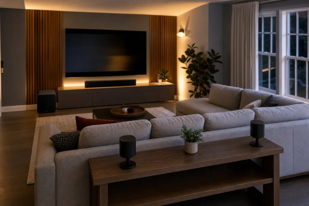 Wireless surround sound speakers in a UK living room