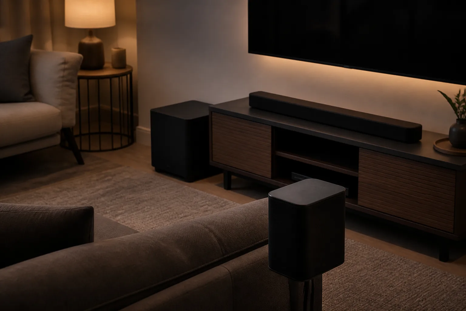 Wireless surround speaker, soundbar and subwoofer in a UK living room