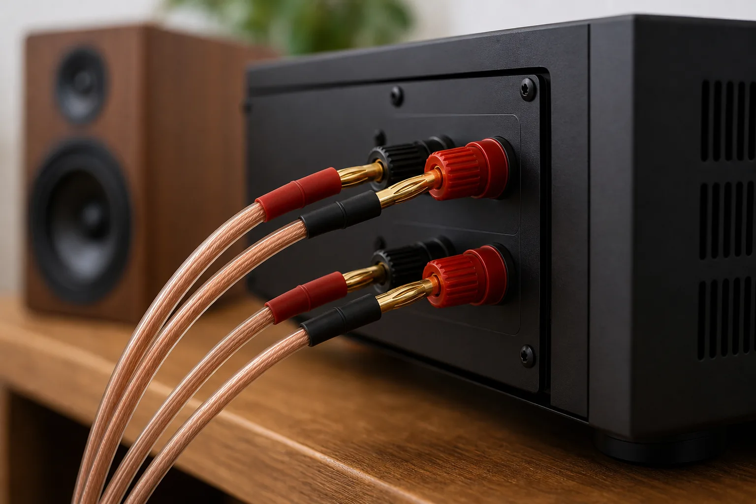 Speaker cable connected to amplifier binding posts