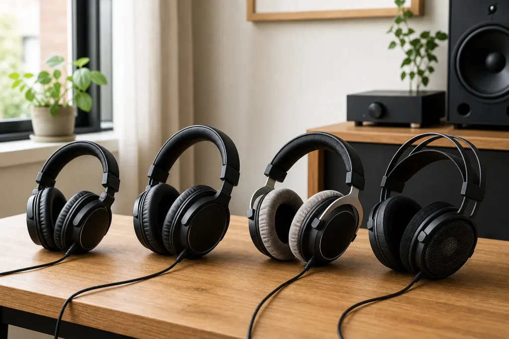 Four wired over-ear headphones compared on a listening desk