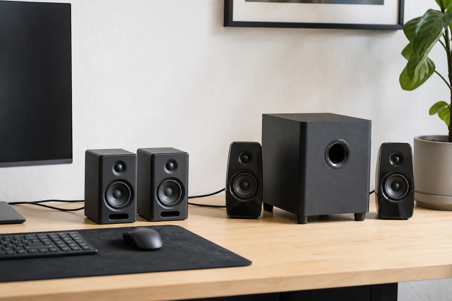 Compact stereo speakers beside a computer speaker system with subwoofer