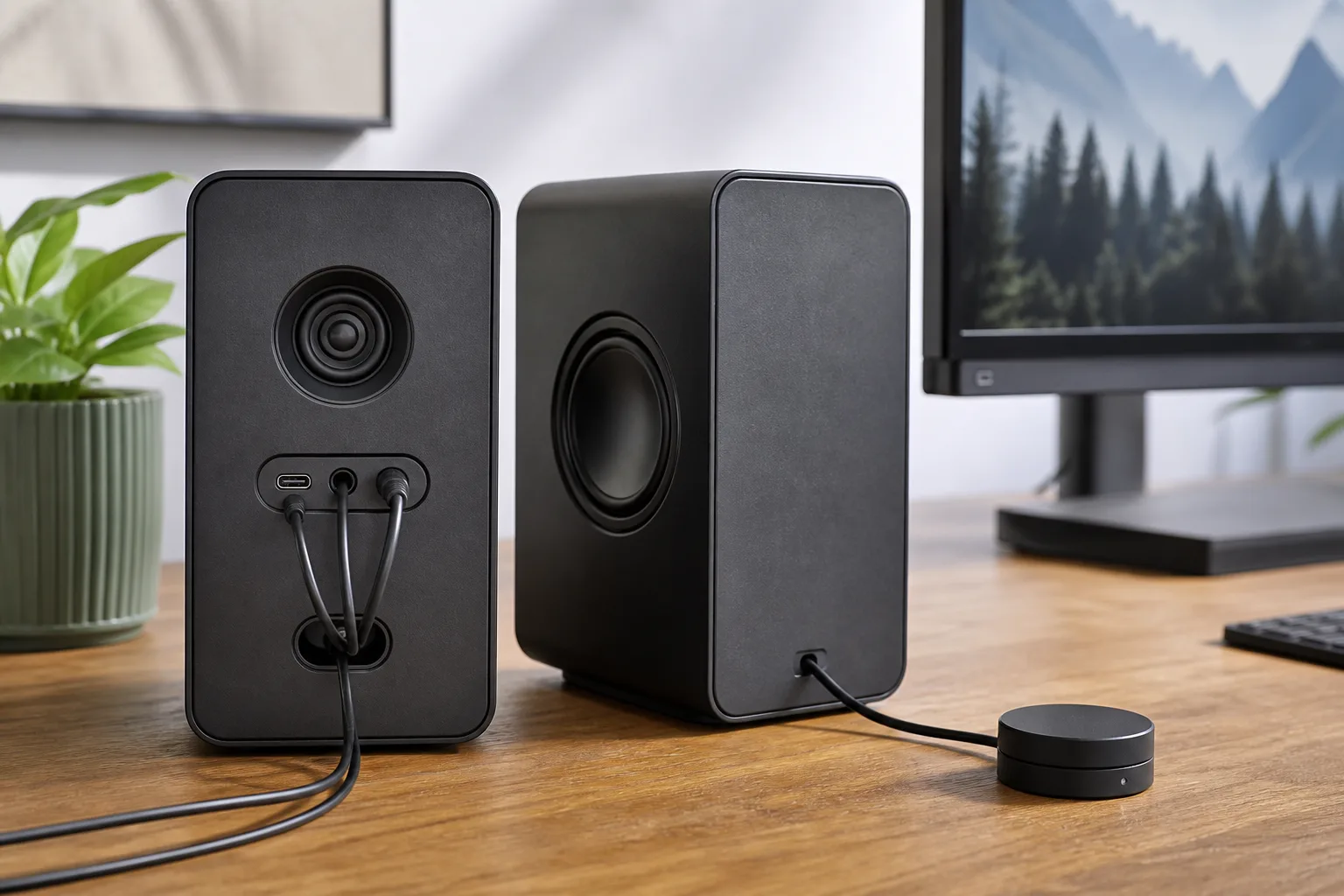 Rear view of desktop speakers with wired connections and control dial