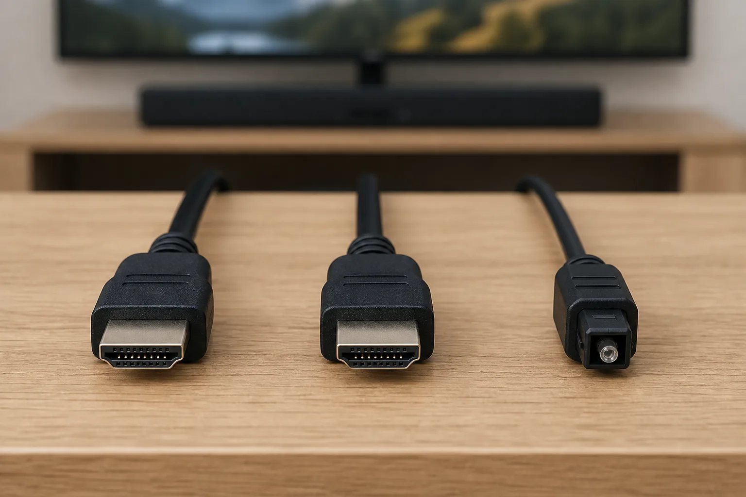 Two HDMI cable connectors beside an optical audio connector for television sound