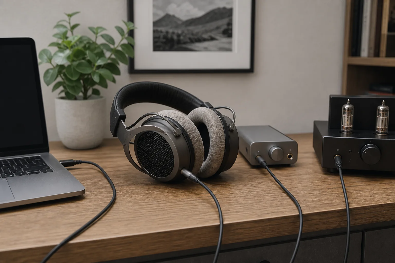 Wired headphones with a laptop, USB DAC and headphone amplifier