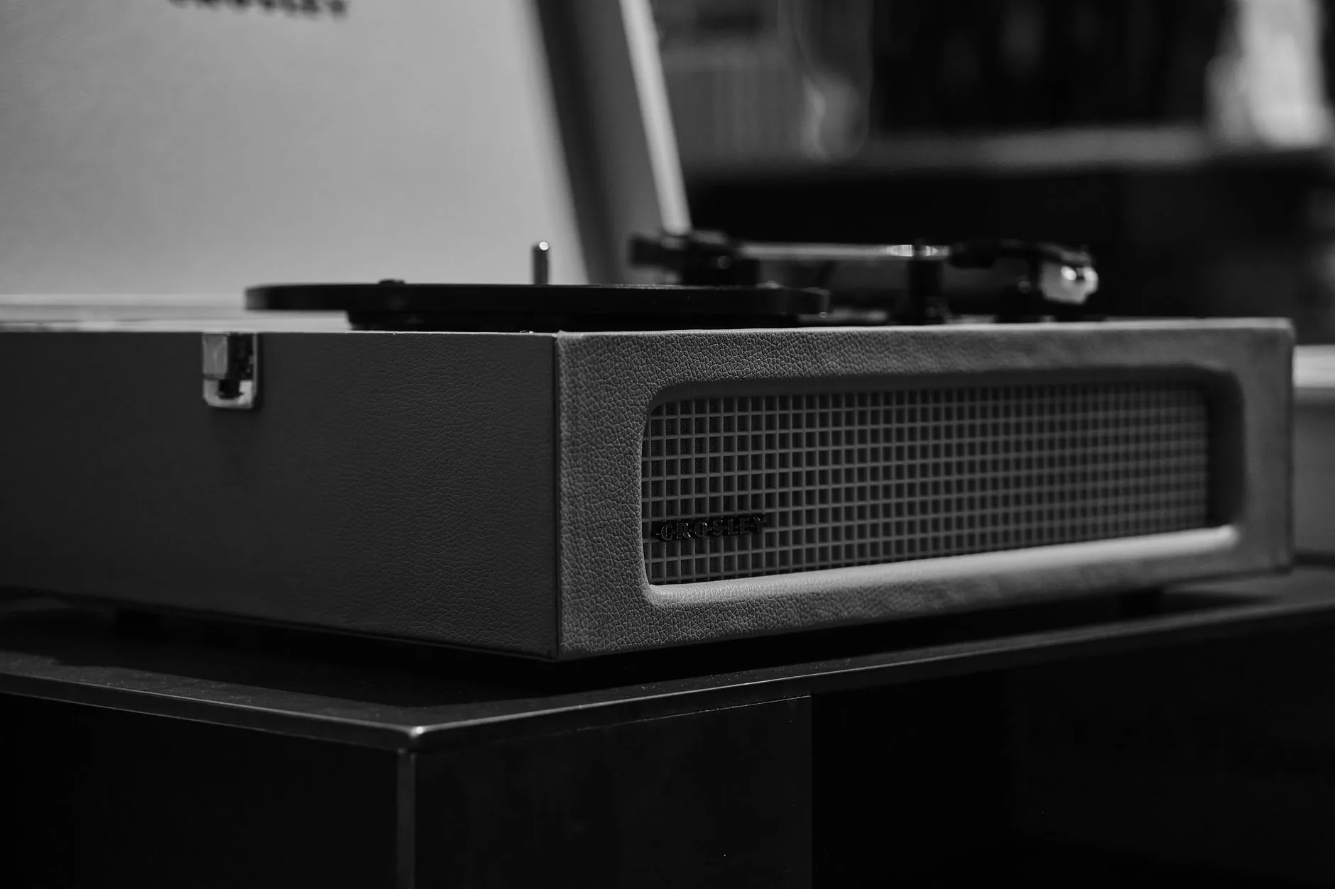 Record player with built-in speakers in a home listening space